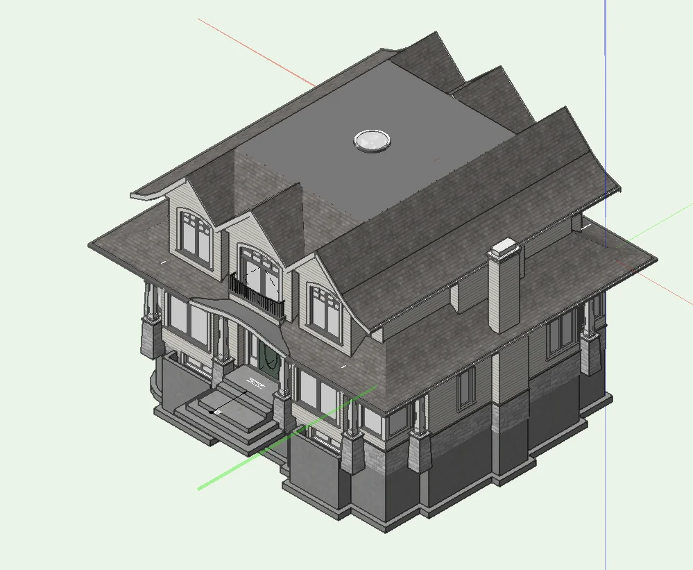 3D as-built model of a Craftsman home — front elevation and roof massing