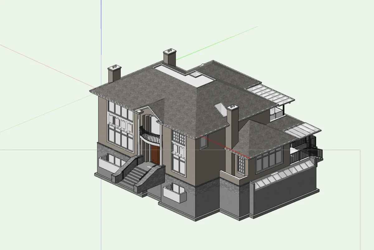 3D as-built model — entry, porch and window details