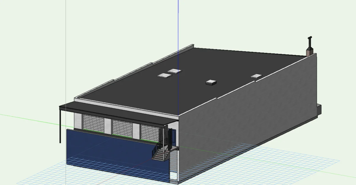 3D as-built model of a commercial warehouse — street elevation, glazing and entry
