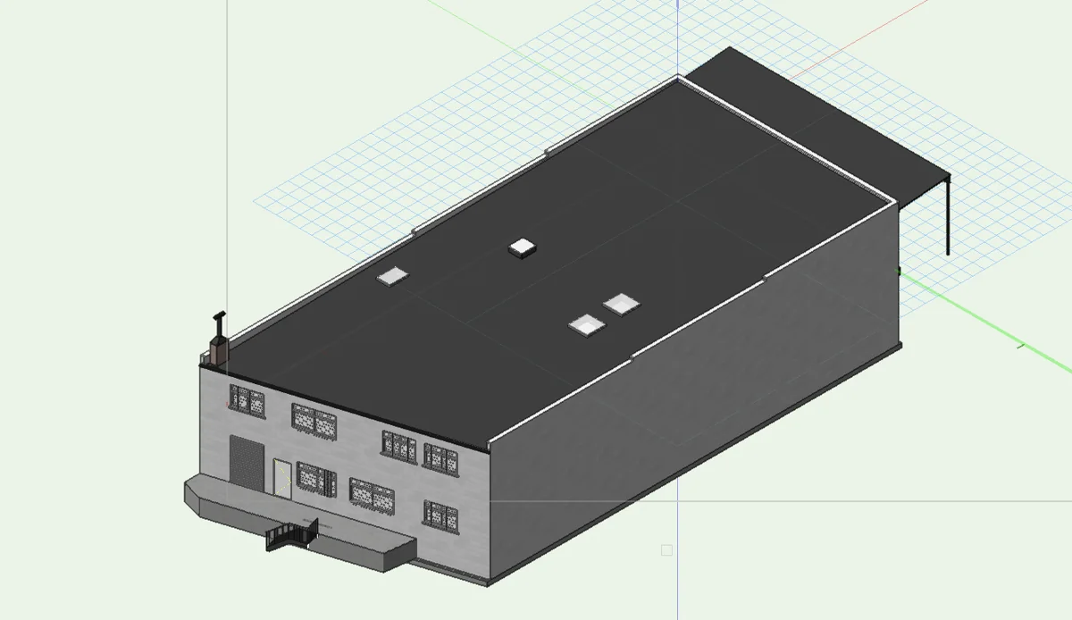3D as-built model of a commercial warehouse — side elevation and roof